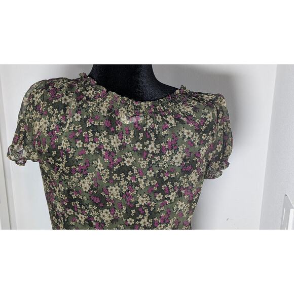 Converse women Floral Purple Brown short sleeve sheer trough Top blouse top sz L - Picture 5 of 10